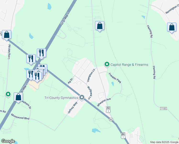 map of restaurants, bars, coffee shops, grocery stores, and more near 900 Hampton Lane in Youngsville