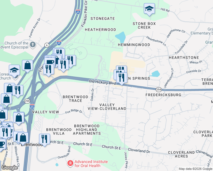 map of restaurants, bars, coffee shops, grocery stores, and more near 804 Valley View Circle in Brentwood