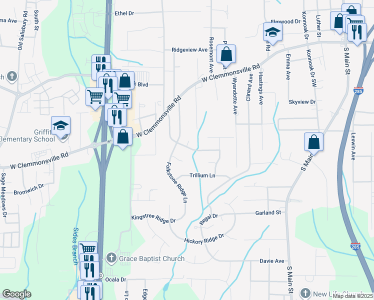 map of restaurants, bars, coffee shops, grocery stores, and more near 2529 Fiddlers Glenn Drive in Winston-Salem