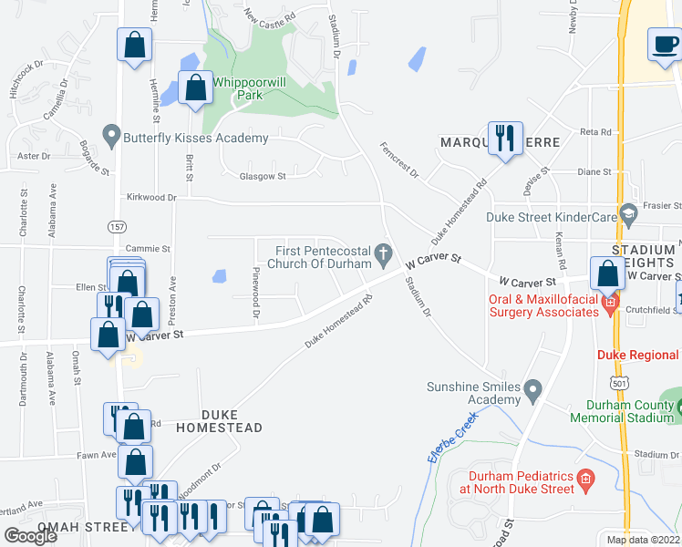 map of restaurants, bars, coffee shops, grocery stores, and more near 2506 Richwood Road in Durham