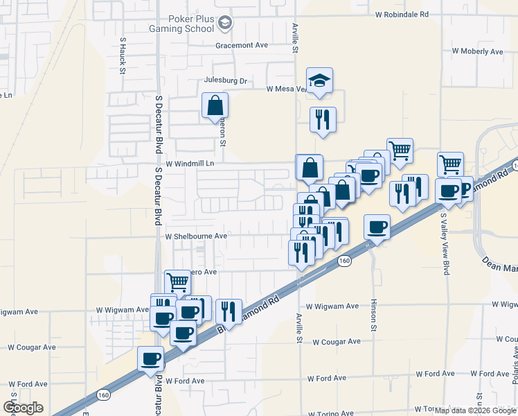 map of restaurants, bars, coffee shops, grocery stores, and more near 8175 Arville Street in Las Vegas