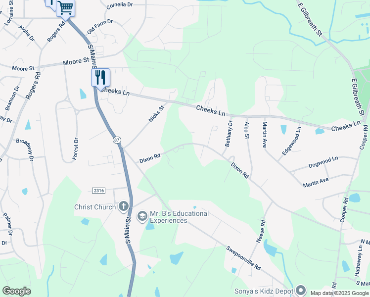 map of restaurants, bars, coffee shops, grocery stores, and more near 211 Dixon Road in Graham