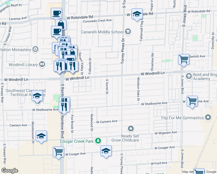map of restaurants, bars, coffee shops, grocery stores, and more near 8174 Sorrel Street in Las Vegas