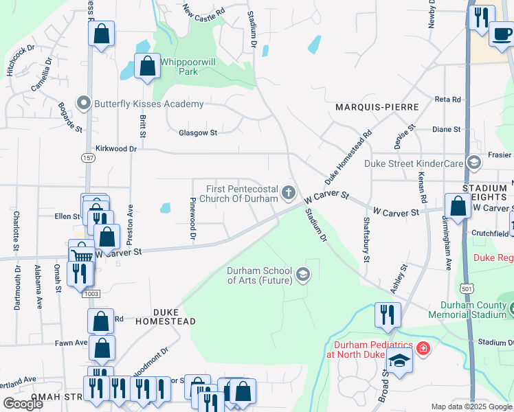 map of restaurants, bars, coffee shops, grocery stores, and more near 2506 Richwood Road in Durham