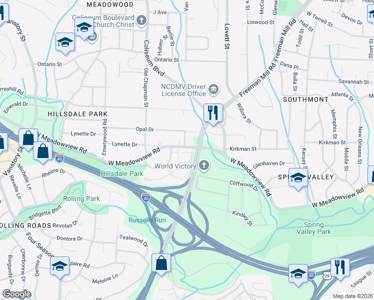 map of restaurants, bars, coffee shops, grocery stores, and more near 1311 West Meadowview Road in Greensboro