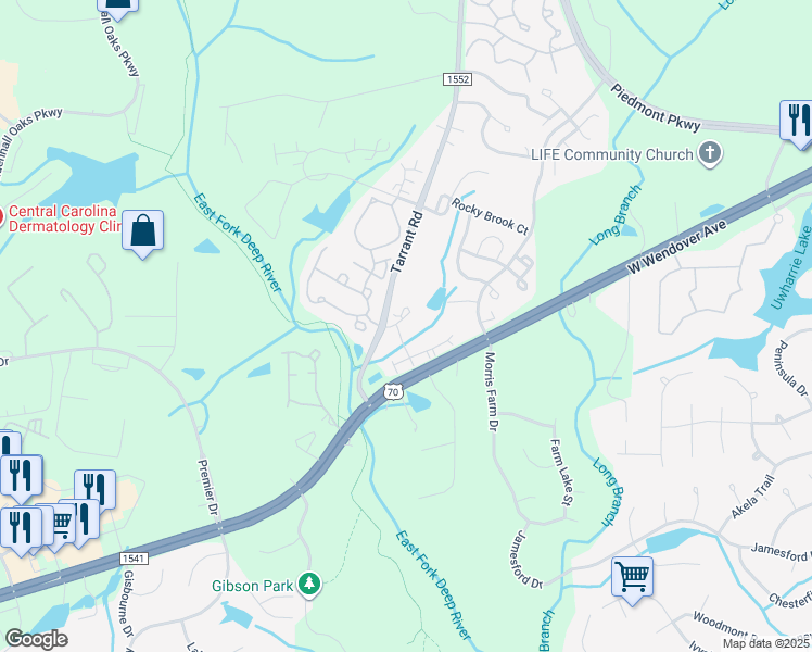 map of restaurants, bars, coffee shops, grocery stores, and more near 4302 R1 Timberbrooke Drive in Greensboro