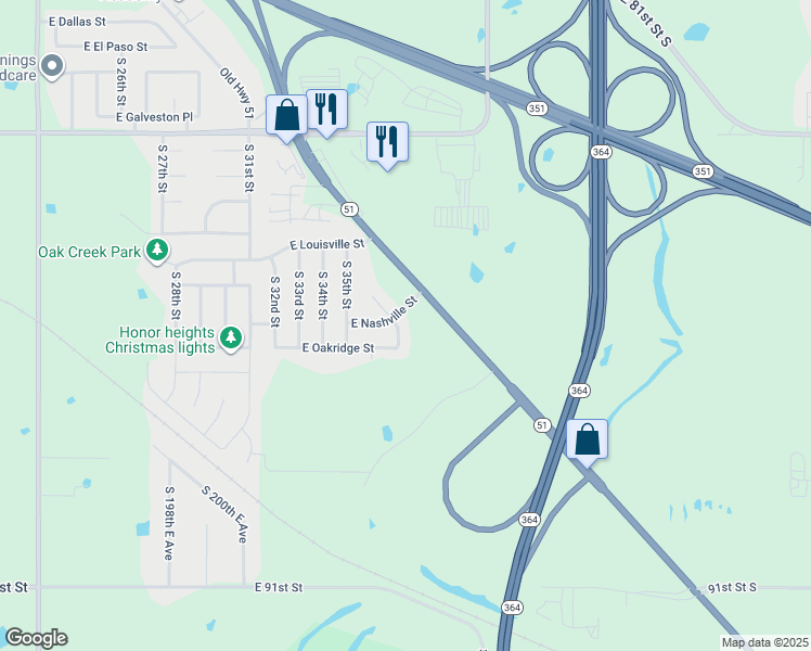 map of restaurants, bars, coffee shops, grocery stores, and more near 1305 South 36th Street in Broken Arrow
