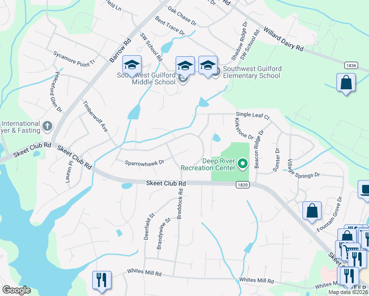 map of restaurants, bars, coffee shops, grocery stores, and more near 3309 Sparrowhawk Drive in High Point