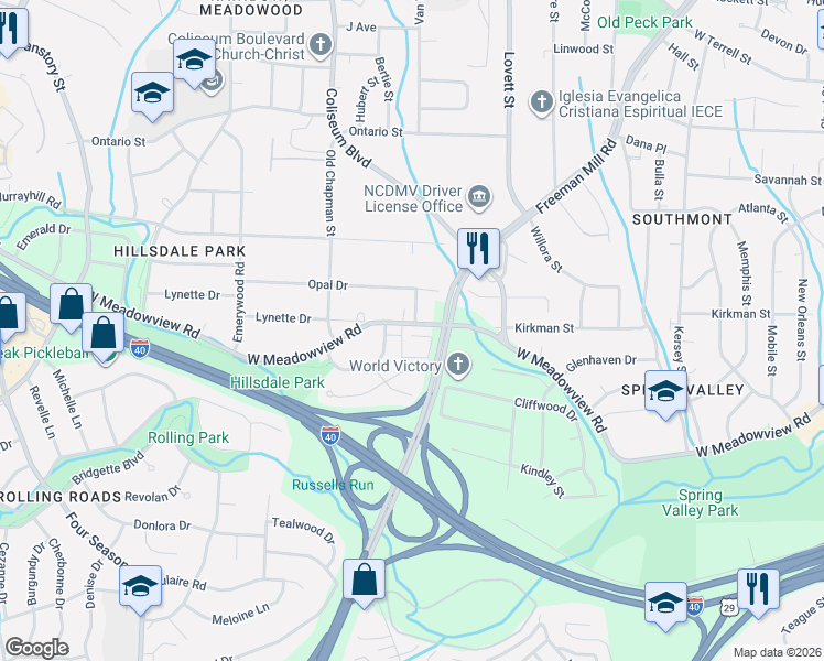 map of restaurants, bars, coffee shops, grocery stores, and more near 1308 West Meadowview Road in Greensboro