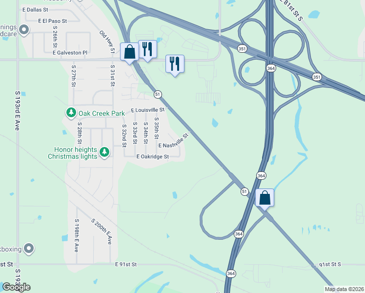 map of restaurants, bars, coffee shops, grocery stores, and more near 1305 South 36th Street in Broken Arrow