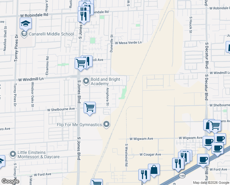 map of restaurants, bars, coffee shops, grocery stores, and more near 8189 South Ribbon Edge Street in Las Vegas
