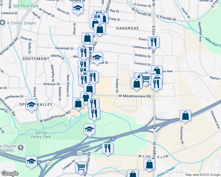 map of restaurants, bars, coffee shops, grocery stores, and more near 312 West Meadowview Road in Greensboro