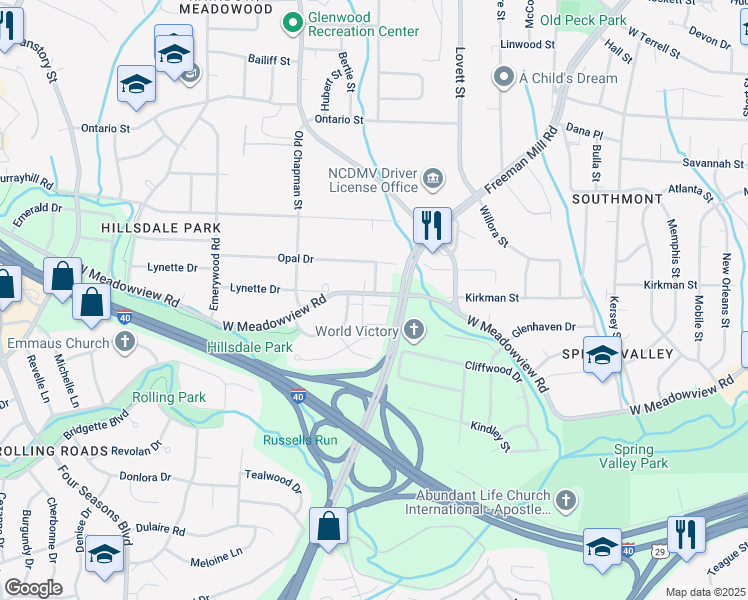 map of restaurants, bars, coffee shops, grocery stores, and more near 1308 West Meadowview Road in Greensboro