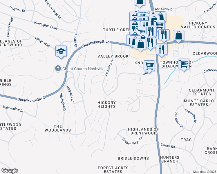 map of restaurants, bars, coffee shops, grocery stores, and more near 2305 Zermatt Avenue in Nashville