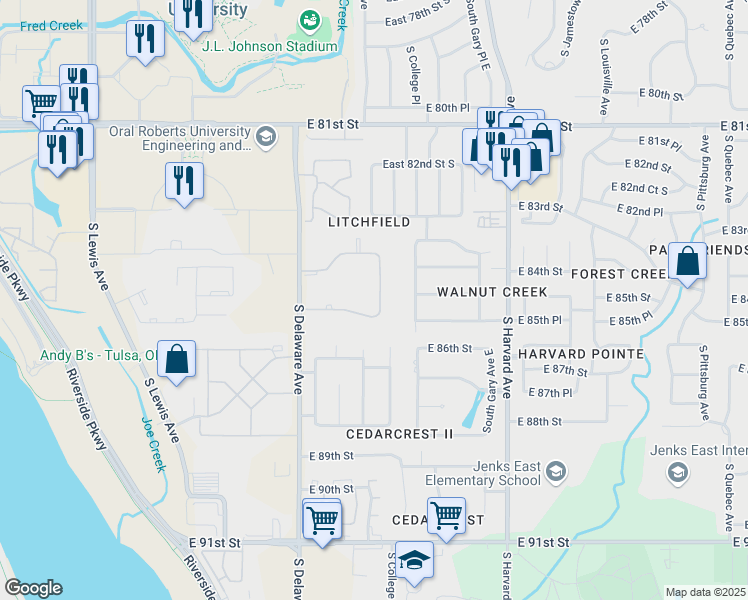 map of restaurants, bars, coffee shops, grocery stores, and more near 8474 South College Avenue in Tulsa