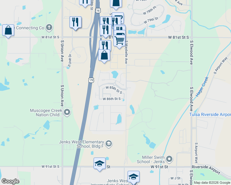 map of restaurants, bars, coffee shops, grocery stores, and more near 918 West 85th Street South in Tulsa