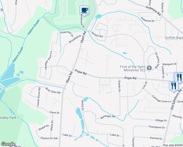 map of restaurants, bars, coffee shops, grocery stores, and more near 2015 Pope Road in Winston-Salem