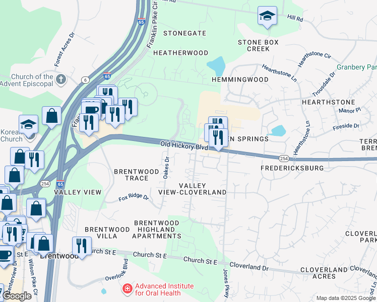 map of restaurants, bars, coffee shops, grocery stores, and more near 804 Valley View Circle in Brentwood