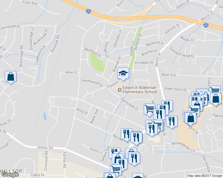 map of restaurants, bars, coffee shops, grocery stores, and more near 4414 Pennydale Drive in Greensboro