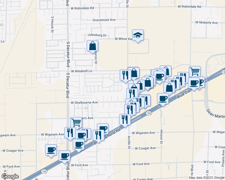 map of restaurants, bars, coffee shops, grocery stores, and more near 8175 Arville Street in Las Vegas