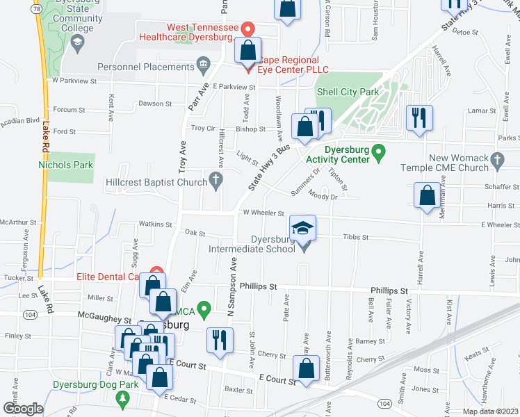 map of restaurants, bars, coffee shops, grocery stores, and more near 805 Saint John Avenue in Dyersburg