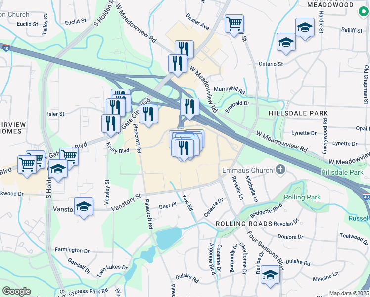 map of restaurants, bars, coffee shops, grocery stores, and more near 125 4 Seasons Town Center Ent in Greensboro