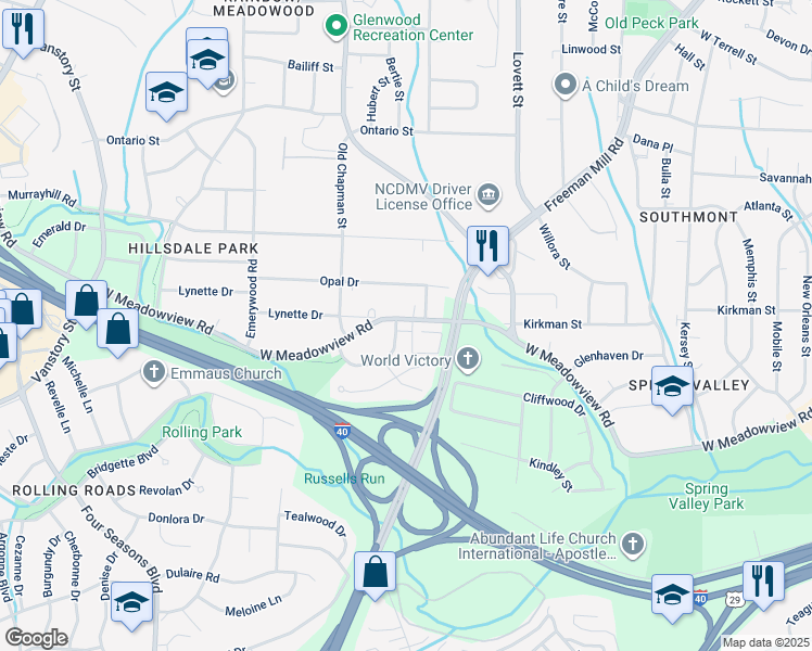 map of restaurants, bars, coffee shops, grocery stores, and more near 1317 West Meadowview Road in Greensboro