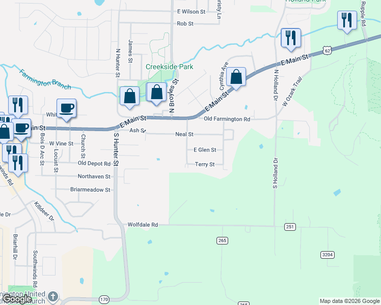 map of restaurants, bars, coffee shops, grocery stores, and more near 137 East Glen Street in Farmington