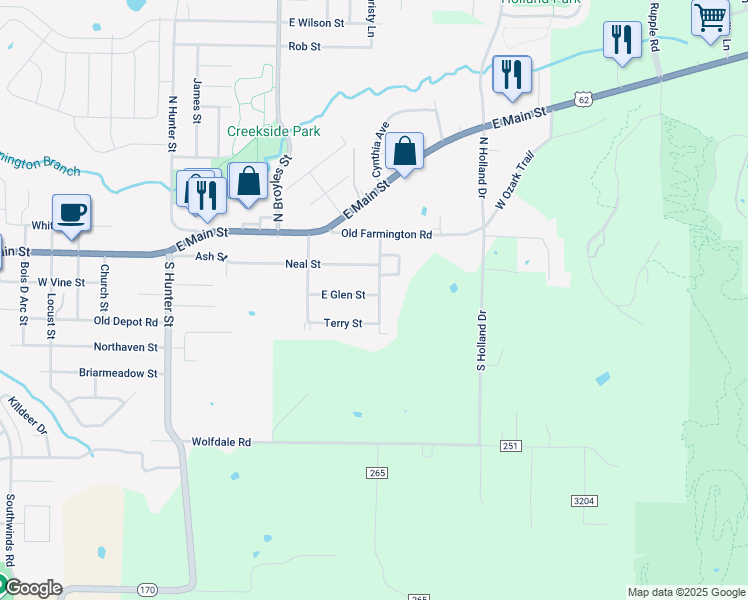 map of restaurants, bars, coffee shops, grocery stores, and more near 197 East Glen Street in Farmington