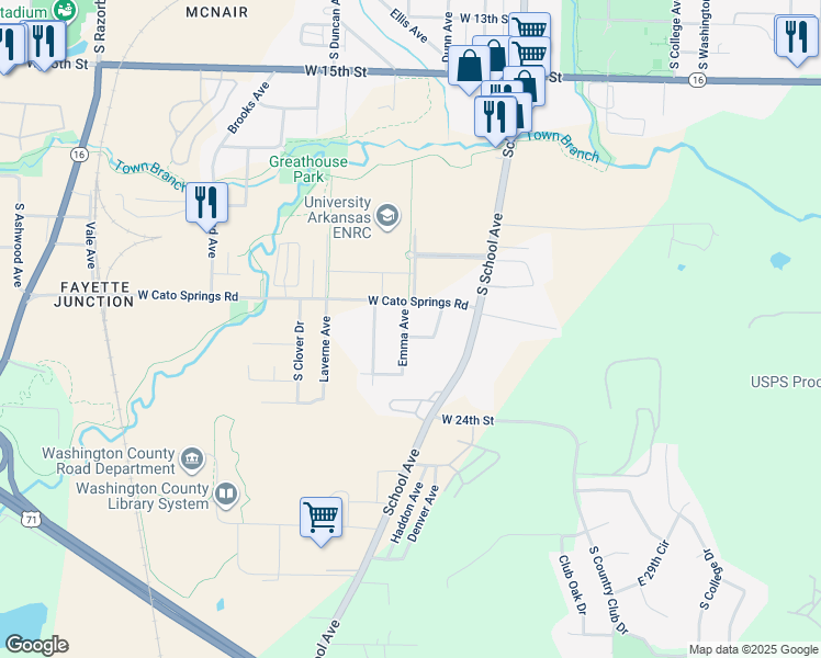 map of restaurants, bars, coffee shops, grocery stores, and more near 2168 Emma Avenue in Fayetteville