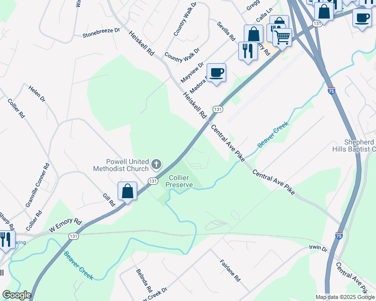 map of restaurants, bars, coffee shops, grocery stores, and more near 124 Tennessee 131 in Powell