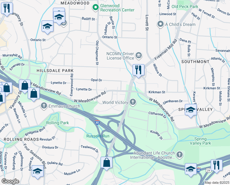 map of restaurants, bars, coffee shops, grocery stores, and more near 1317 West Meadowview Road in Greensboro