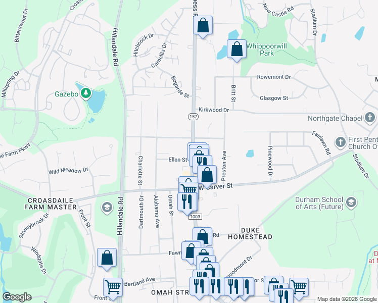 map of restaurants, bars, coffee shops, grocery stores, and more near 3407 Guess Road in Durham