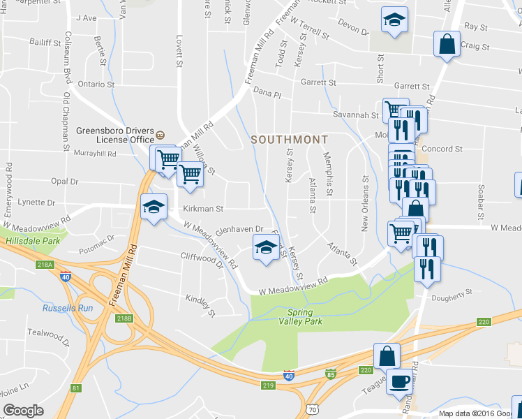 map of restaurants, bars, coffee shops, grocery stores, and more near 1109 Kirkman Street in Greensboro