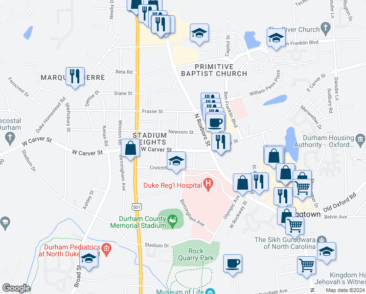 map of restaurants, bars, coffee shops, grocery stores, and more near 212 West Carver Street in Durham