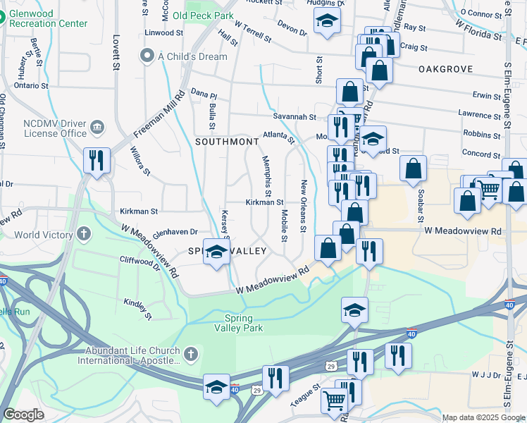 map of restaurants, bars, coffee shops, grocery stores, and more near 511 Memphis Street in Greensboro