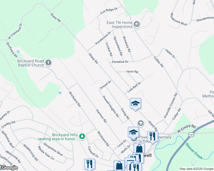 map of restaurants, bars, coffee shops, grocery stores, and more near 8030 Ewing Road in Powell