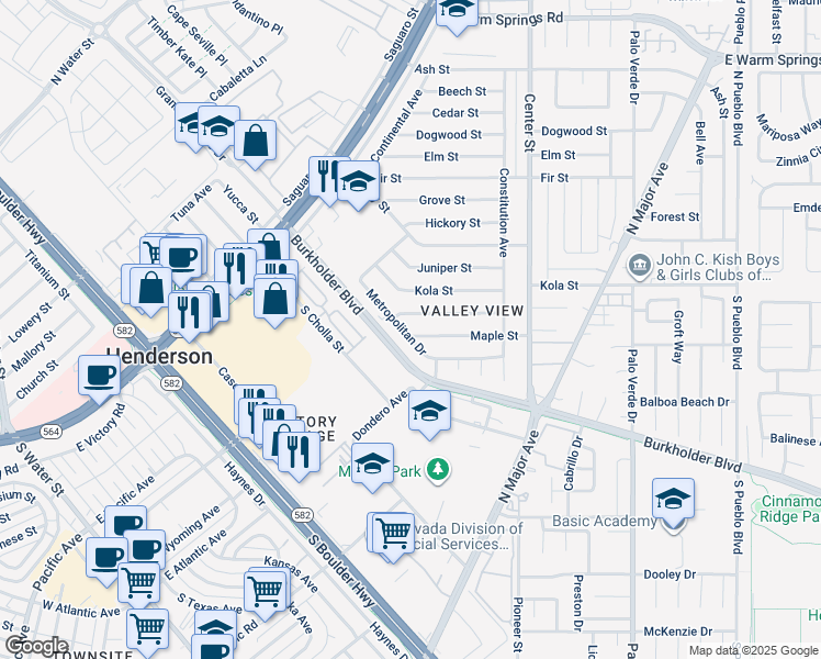 map of restaurants, bars, coffee shops, grocery stores, and more near 100 Maple Street in Henderson