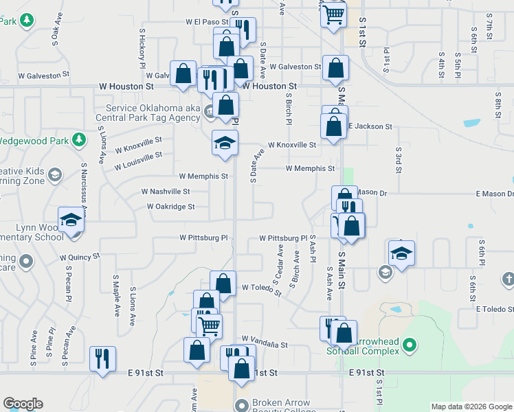 map of restaurants, bars, coffee shops, grocery stores, and more near 413 West Nashville Place in Broken Arrow