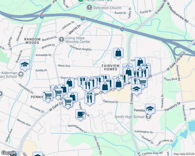 map of restaurants, bars, coffee shops, grocery stores, and more near 3820 Green Point Drive in Greensboro