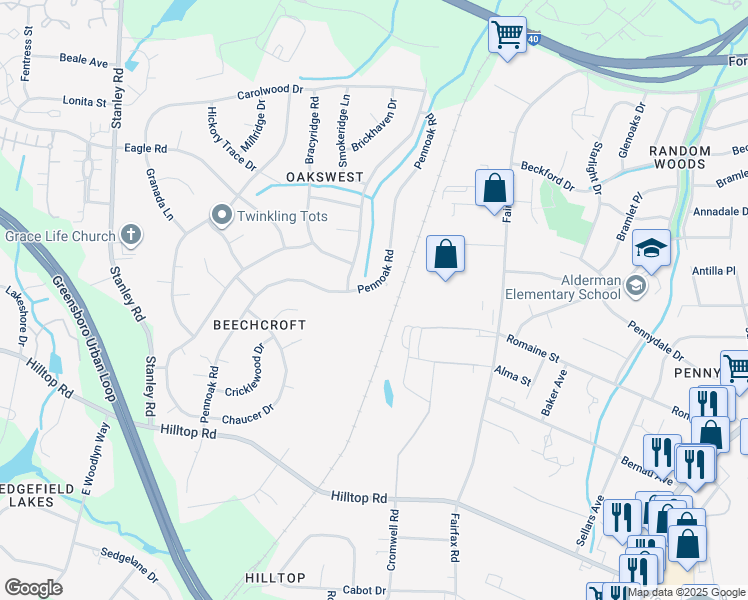 map of restaurants, bars, coffee shops, grocery stores, and more near 4663 Pennoak Road in Greensboro