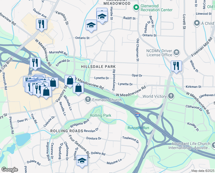 map of restaurants, bars, coffee shops, grocery stores, and more near 1608 West Meadowview Road in Greensboro