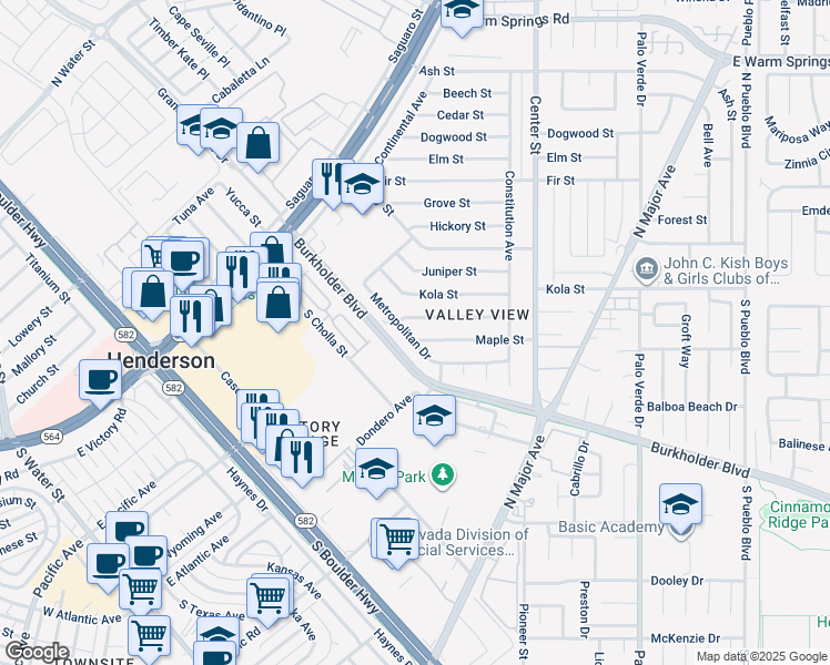 map of restaurants, bars, coffee shops, grocery stores, and more near 100 Maple Street in Henderson