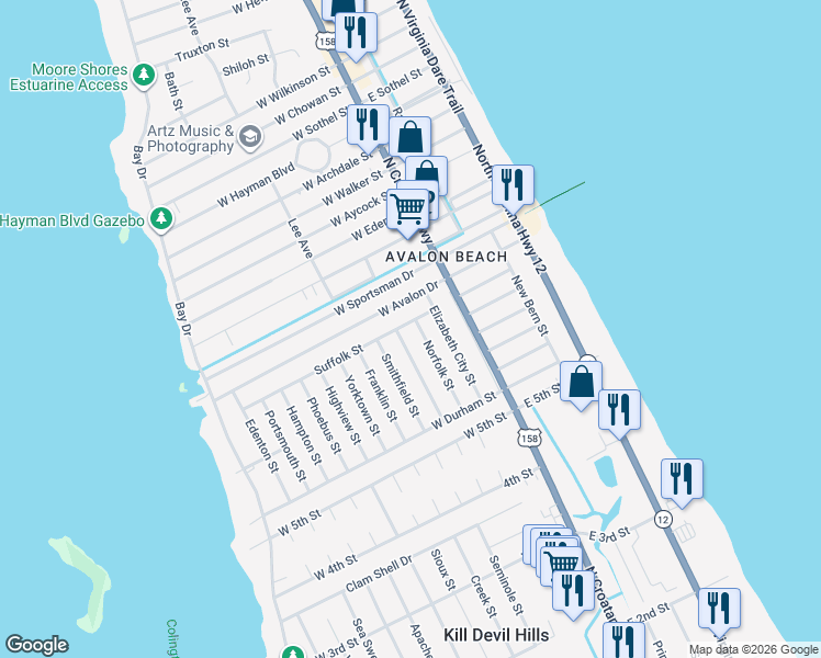 map of restaurants, bars, coffee shops, grocery stores, and more near 303 Suffolk St in Kill Devil Hills