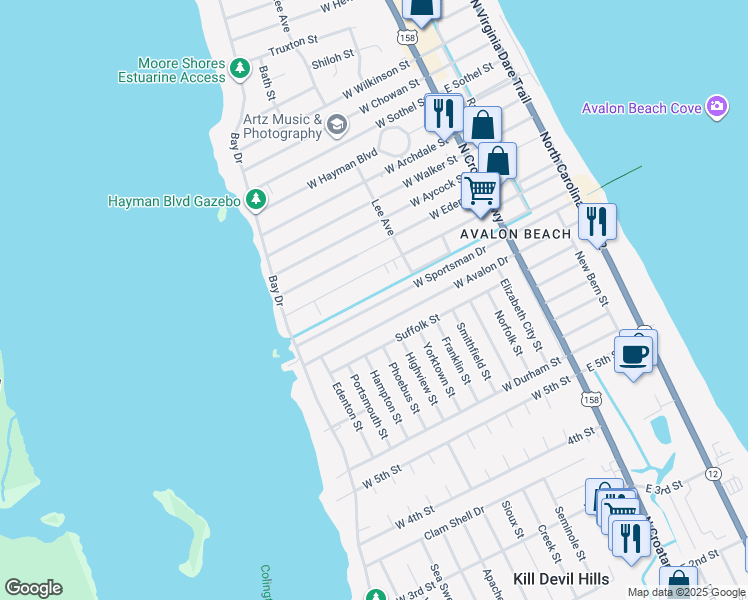 map of restaurants, bars, coffee shops, grocery stores, and more near 802 West Sportsman Drive in Kill Devil Hills