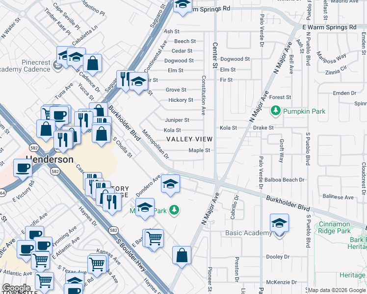 map of restaurants, bars, coffee shops, grocery stores, and more near 116 East Maple Street in Henderson