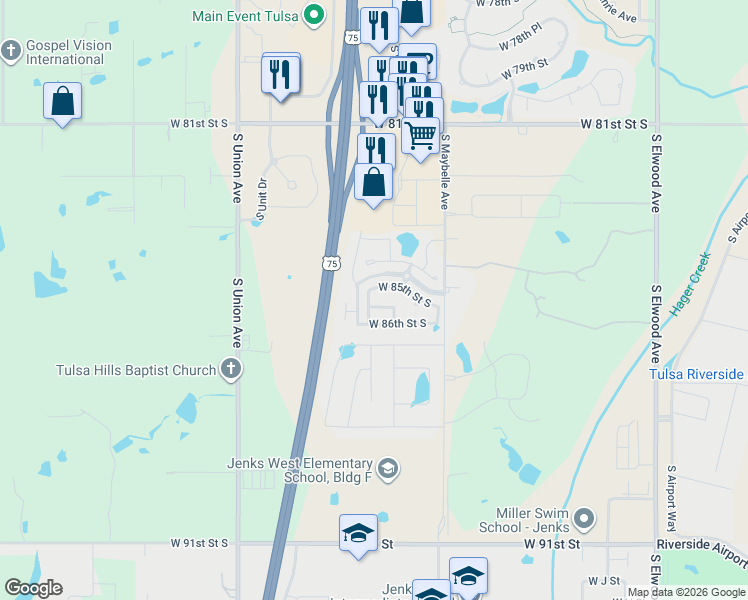 map of restaurants, bars, coffee shops, grocery stores, and more near 8505 South Phoenix Avenue in Tulsa