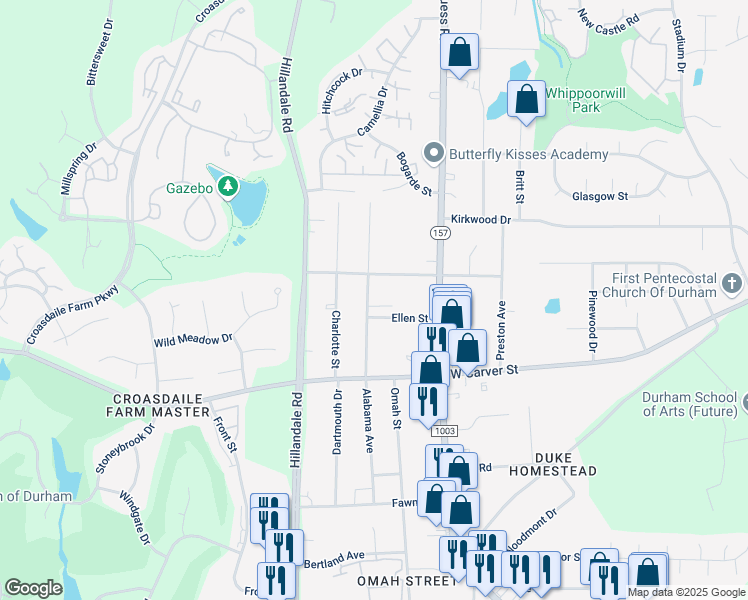 map of restaurants, bars, coffee shops, grocery stores, and more near 3208 Alabama Avenue in Durham