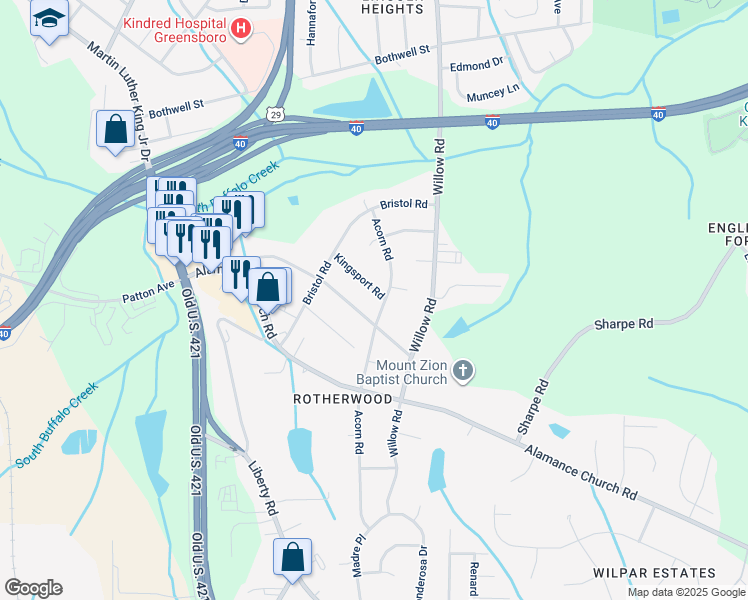 map of restaurants, bars, coffee shops, grocery stores, and more near 1318 Kingsport Road in Greensboro