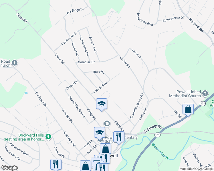 map of restaurants, bars, coffee shops, grocery stores, and more near 1208 Lula Bell Drive in Powell